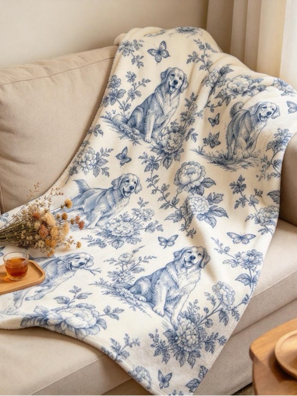 Cozy Blue & Cream Floral Dog Print Throw Blanket